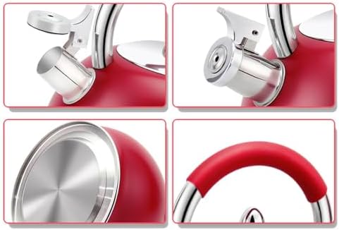 Stainless Steel Stovetop Kettle with Whistle 3.2 Qt (3 L) Tea Pot for Stove Top, Matte Kitchen Tea Whistling Kettle with Ergonomic Silicone Handle, Induction Safe (Red) - Image 3