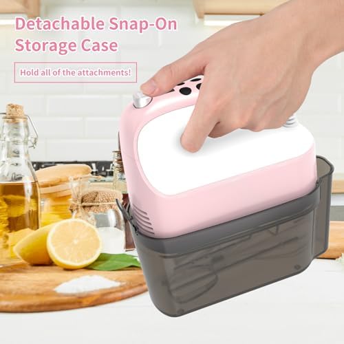 Yomelo 9-Speed Digital Hand Mixer Electric, 400W Powerful DC Motor, Hand Mixer Electric Handheld with Snap-On Storage Case, 5 Stainless Steel Accessories, Beaters, Dough Hooks, Whisk(Pink/White) - Image 6