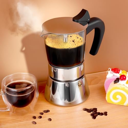 6 Cup 300ml Glass Moka Pot, Stovetop Espresso Maker, Silver - Image 6