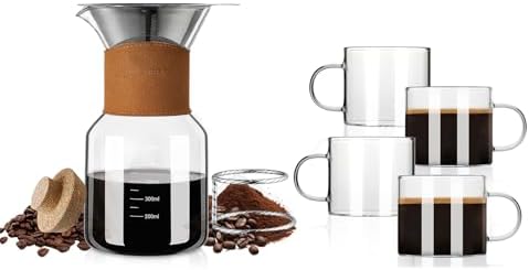 Pour Over Coffee Maker with Double-Layer Stainless Steel Filter, 20 oz Pour Over Coffee Dripper Espresso Cups Set of 4, 5 oz Small Espresso Shot Glasses with Handle by ENJOYHAND-BREWINGCOFFEE
