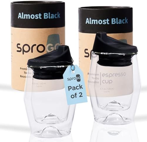 To-Go Espresso Glass Travel Mug with Lid, Reusable Double Wall Glass Tumbler, Fits Most Coffee Makers/Cupholders for Your Car, Gifts for Coffee Lovers, 2-Pack Almost Black Cortado Cups by SPROGOTo-GoEspressoCup