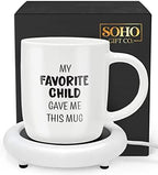 Coffee Mug with Electric Warmer, Gift for Mom or Dad with Heated Base - Great for Coffee Lover Parent, Mothers Day, Birthday, Christmas, My Favorite Child Gave Me This Mug (12oz) Gift Boxed by Galvanox