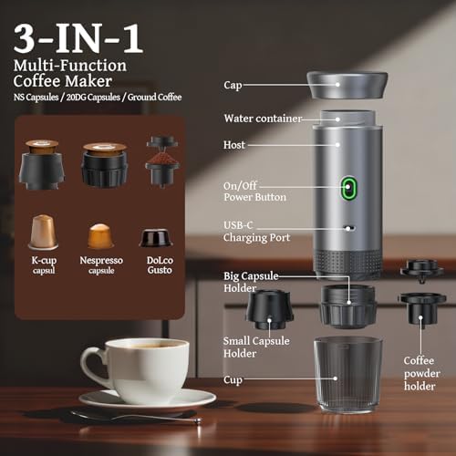 Portable Coffee Maker Espresso Machine, Travel Coffee Maker Self-Heating with USB-C Small Tea Cup, Compatible with Ground Coffee & NS Capsule for RV,Car, Hiking, Camping Office - Image 6