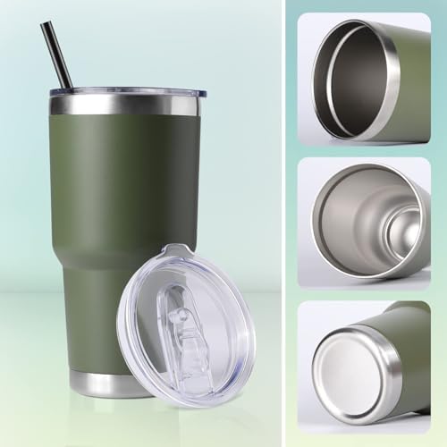 DOMICARE 30oz Tumbler Bulk with Lid and Straw, Double Wall Travel Coffee Mug, Insulated Vacuum Stainless Steel Tumblers, Powder Coated Tumbler Cup (Army Green, 8) - Image 6