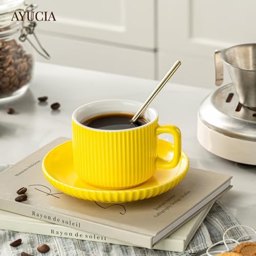 5 Ounce Espresso Cups Set of 4, Small Coffee Cups with Saucers and Spoons, Yellow Ceramic Demitasse Espresso Mugs - Image 7