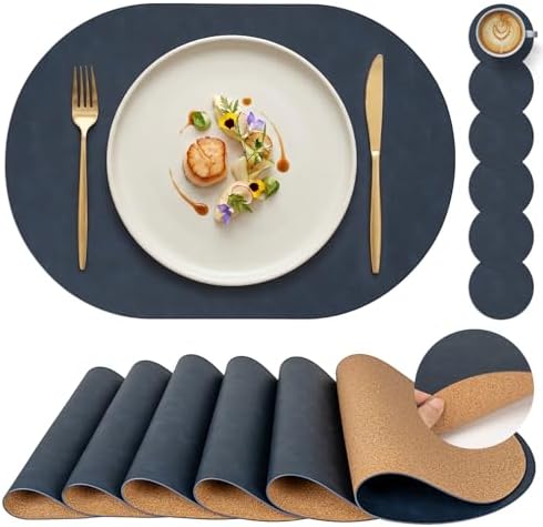 Premium Oval Faux Leather Placemat & Coaster Set with Innovative Cork-Look Printed Base，4/6/8-Piece Sets & 8 Colors，Non-Slip Dining Table Mats for Kitchen Dining by Promattoo