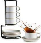 Gomakren 6 Ounce Cappuccino Cups Set of 4 with Saucers & Metal Rack, White by Gomakren