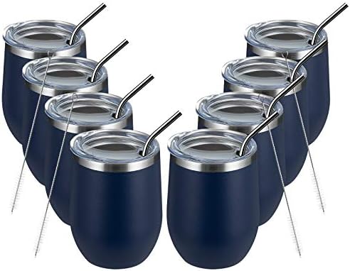 MEWAY 12oz/8 Pack Wine Tumbler Glasses with Lid - Stemless Double Wall Vacuum Stainless Steel Travel Tumbler - Keeping Cold & Hot for Wine,Coffee,Cocktails,Drinks-Family and Gifts (Navy,Set of 8) by MEWAY