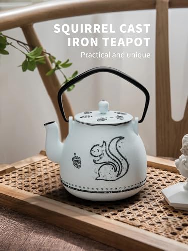 Toptier Teapot with Removable Infuser, Cast Iron Tea Kettle Stovetop Safe, Squirrel Design Tea Pot Coated with Enameled Interior for 32 Ounce (950 ml), Light Blue - Image 2