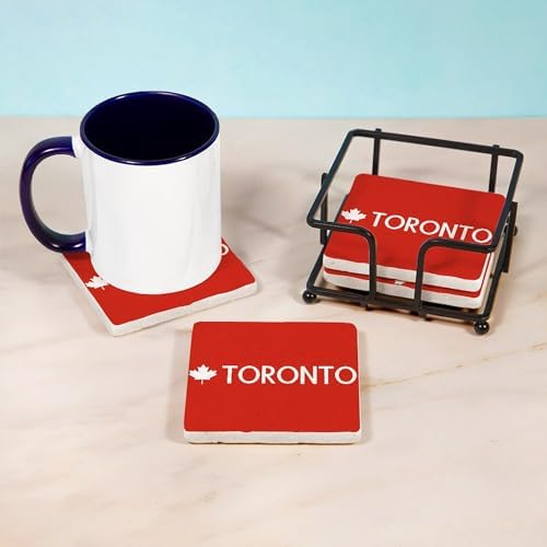 CafePress Toronto (White Maple Leaf) Tumbled Stone - Set of 4 Coasters Set of 4 w/holder - Image 3