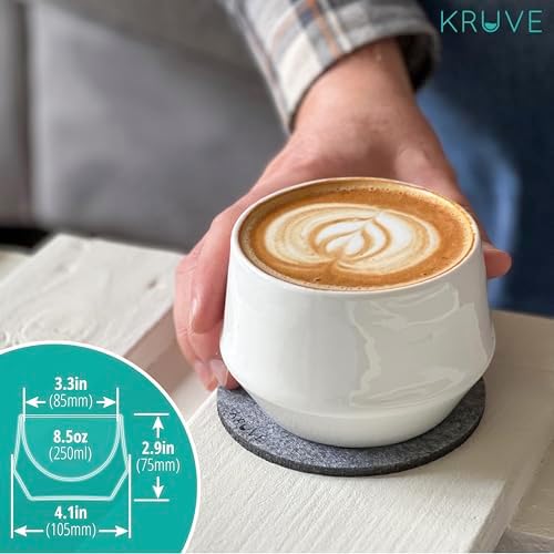 KRUVE IMAGINE Porcelain Latte Coffee Cups, Double Walled Espresso Cups, Glass Cups Set of Two - 8.5oz Thermal Spherical Design for Latte Art, Insulated Coffee Mugs for Heat Retention (White) - Image 6