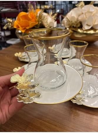 SODEF Tea Set 12 Piece Butterfly Design Porcelain Saucer Glass Cup for 6 People Gift - White - Image 3