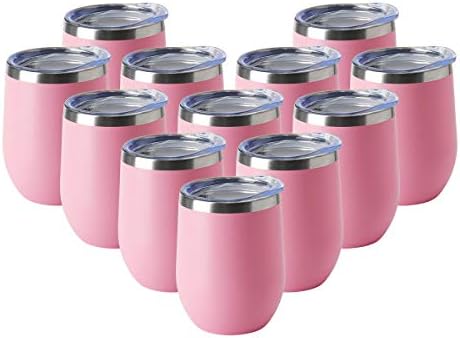 HASLE OUTFITTERS 12oz Wine Tumbler with Lid Stemless Wine Glasses Double Wall Vacuum Travel Mugs stainless steel Coffee Cup for Cold & Hot Drinks Wine Coffee Cocktails Beer 12 Pack Pink by HASLEOUTFITTERS