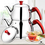 Hakan Stainless Steel 2 L, 67 Oz, Mini Double Bondy Tea Pot Set with Self Strainer Double Lids, Turkish Samovar Style Teapot Set, Tea Kettle for Loose Leaf Tea with Red Bakelite Handle 2.1-Quart - Image 7