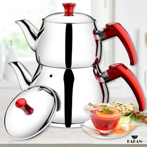 Hakan Stainless Steel 2 L, 67 Oz, Mini Double Bondy Tea Pot Set with Self Strainer Double Lids, Turkish Samovar Style Teapot Set, Tea Kettle for Loose Leaf Tea with Red Bakelite Handle 2.1-Quart - Image 7