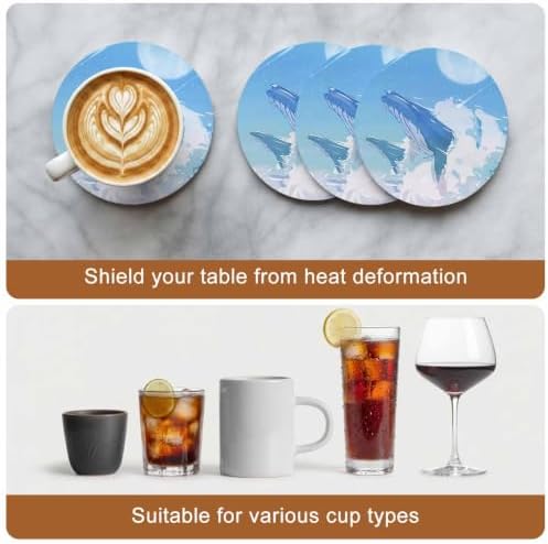Blue Whale Drink Coasters Set of 8 with Holder, Absorbent Round Ceramic Coasters for Desk, Clouds Natural Landscape Cup Mats for Home Kitchen Office Party Coffee Table Decoration Supplies - Image 7