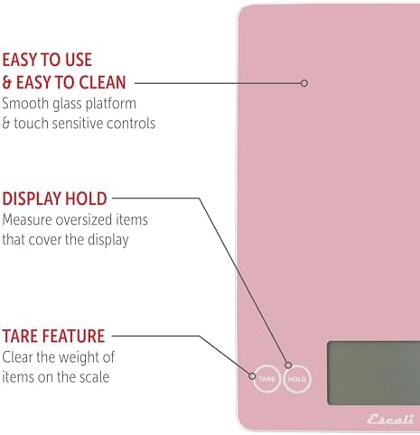 Escali Arti Glass Food Scale Digital Countertop Kitchen, Baking and Cooking Scale with Large Display, 15-Pound Capacity, 9" x 6.5" x .75", Classic Pink - Image 3