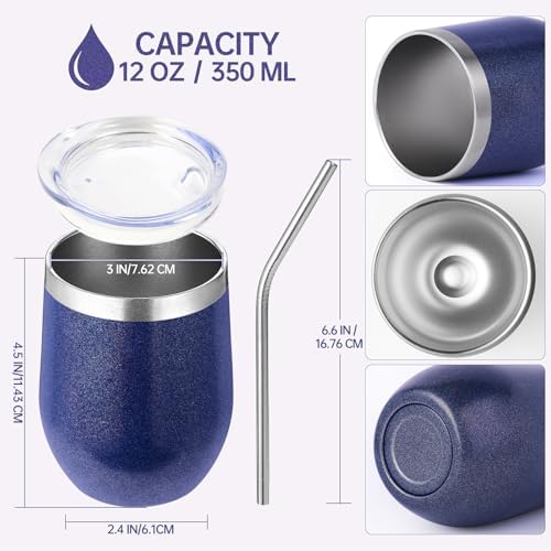 Volhoply 12oz Stainless Steel Wine Tumbler with Lid Bulk 12 Pack,Double Wall Vacuum Stemless Wine Glasses,Reusable Metal Travel Coffe Mug with Straw,Insulated Cups Gifts for Christmas（Navy,12 Set） - Image 2