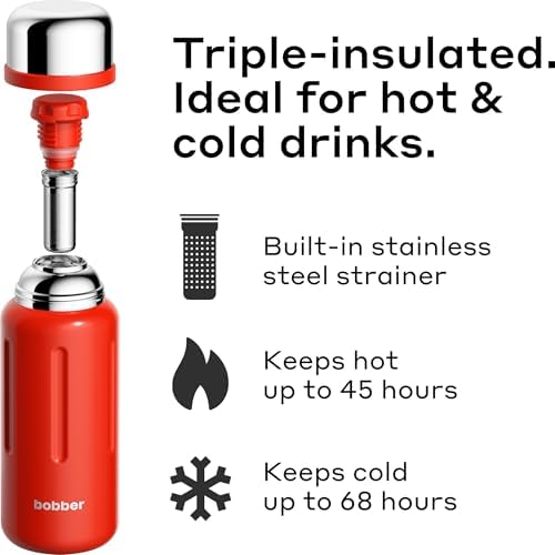BOBBER 46 oz Stainless Steel Vacuum Insulated Water Bottle with Removable Tea Infuser & Cup Lid – Keeps Hot 45 Hours, Cold 65 Hours – Dishwasher Safe, BPA-Free, Leak-Proof Thermo for Hot Drinks (Red) - Image 2