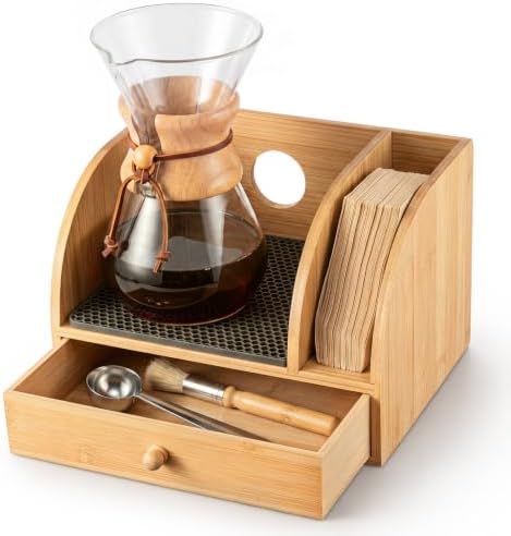 Geelin Bamboo Coffee Pour over Caddy, Wood Coffee Bar Station Organizer Stand with Drawer, Filter Holder and Heatproof Mat for Kitchen Counter Bar Home by Geelin