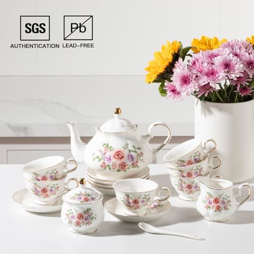 Sweejar Porcelain Tea Set Vintage Floral, British Relief Gold Rim Teapot Cup and Saucer Sets, 22-Piece Tea Sets for Adults, with Teapot, Sugar Bowl, Milk Jug, Spoons, Cup and Saucer (Rose Flower) - Image 3