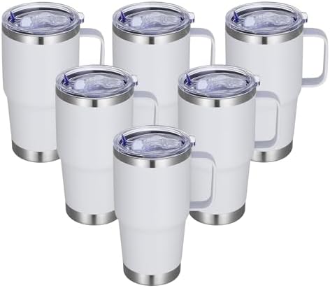 20 oz Stainless Steel Tumbler with Handle Bulk Metal Insulated Tumblers Travel Coffee Mug with Handle Double Wall Tumbler Cup with Lid and Straw, White 6 Pack by Abbrevi