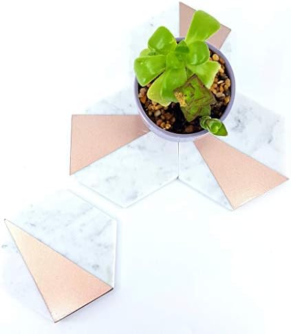 Marble Hexagon Stone Coasters with Rose Gold Accent, Set of 4 - Image 2