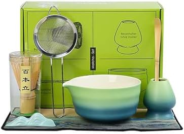 7 Piece Traditional Matcha Tea Set with Gradient Ceramic Bowl, Natural Bamboo Whisk, Scoop, Whisk Holder, Japanese Tea Ceremony Kit by POWLAB