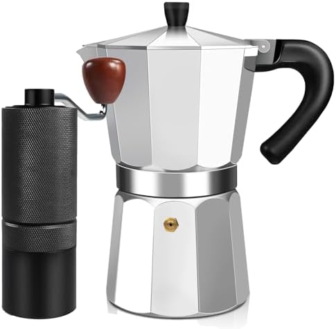 Manual Coffee Grinder Detachable Stainless Steel Conical Burr Aluminum Coffee Bean Grinder Black with 2 Cup Aluminum Espresso Stovetop Moka Pot Express Coffee Maker Percolator Italian Classic M by Theperfectcombinationofcoffeehomeandhealthylivingmakingeverydayadayofrituals