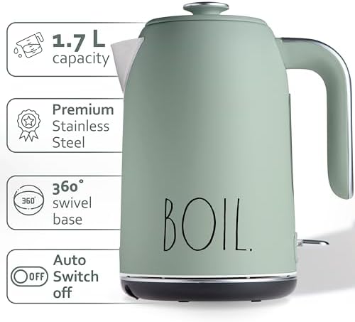 Rae Dunn Electric Hot Water Kettle - Stainless Steel Coffee Maker, Tea Kettle, Swivel Base, With Automatic Shut Off Boil-Dry Protection, Easy Pour Pitcher, 1500 Watt Boiling Power, 1.7 Liters (Sage) - Image 2