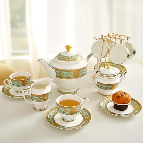 Luxury White & Gold Embossed Tea Cups and Saucers with Teapot, Sugar Bowl, & &Creamer, Vintage European Porcelain Coffee Set for Tea Party, Wedding, Gift (Teal, 17pcs/set) - Image 5