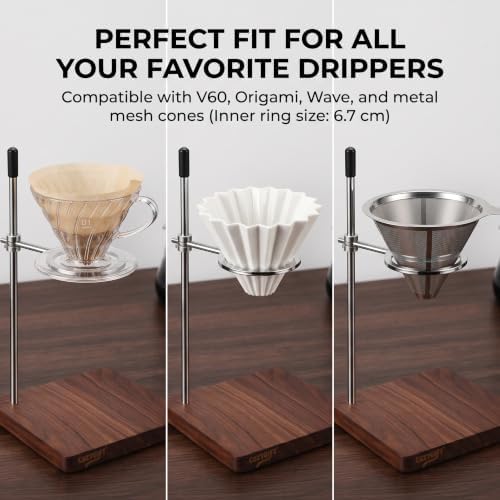 Pour Over Coffee Maker Stand with American Black Walnut Base, Stainless Steel Adjustable Dripper Holder, Wooden Brewing Station, Cone Brewer Rack, Barista Accessories & Kitchen Coffee Décor - Image 5