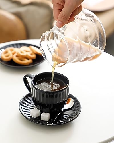 Hasense 6 Oz Cappuccino Cups with Saucers Ceramic, Ribbed Espresso Cups Set of 4 for Coffee,Tea,Latte and Macchiato, Aesthetic Gift for Anniversary or Holiday, Black - Image 6