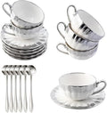 CHANJOON 6 Teacups Tea Tray Spoon Set, 6oz with Galvanized Gold Rim and Gift Box, Ceramic White English Coffee Teacup (silver, Large) by CHANJOON