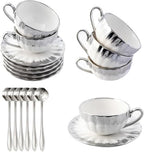 CHANJOON 6 Teacups Tea Tray Spoon Set, 6oz with Galvanized Gold Rim and Gift Box, Ceramic White English Coffee Teacup (silver, Large) by CHANJOON