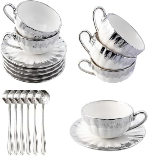 CHANJOON 6 Teacups Tea Tray Spoon Set, 6oz with Galvanized Gold Rim and Gift Box, Ceramic White English Coffee Teacup (silver, Large) by CHANJOON