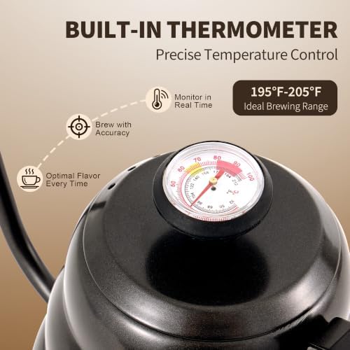 Gooseneck Kettle with Thermometer, Pour Over Coffee Kettle for Stovetop, Tea, Camping, 1200ml, Black - Image 3