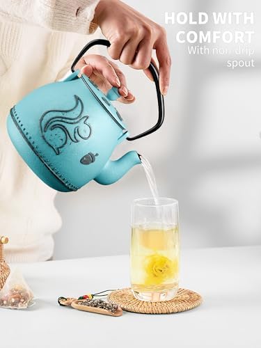 Toptier Teapot with Removable Infuser, Cast Iron Tea Kettle Stovetop Safe, Squirrel Design Tea Pot Coated with Enameled Interior for 32 Ounce (950 ml), Blue - Image 7
