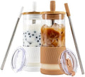Pandaloo® Glass Cups With Lids and Straws -20 Fl Oz- Perfect Size Iced Coffee Cup - Smoothie Cup With Bamboo Lid and On the go Lid - Glass Tumbler (2 Count (Pack of 1), Amber Sand-Coton White) by Pandaloo
