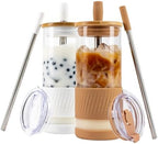 Pandaloo® Glass Cups With Lids and Straws -20 Fl Oz- Perfect Size Iced Coffee Cup - Smoothie Cup With Bamboo Lid and On the go Lid - Glass Tumbler (2 Count (Pack of 1), Amber Sand-Coton White) by Pandaloo