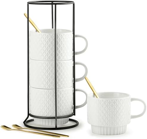 LYEOBOH Stackable Coffee Mugs with Rack, 13 oz Ceramic Coffee Mug Set of 4 with Stand, Latte Cup with Spoon, Cappuccino Cups for Hot Cocoa, Milk, White by LYEOBOH