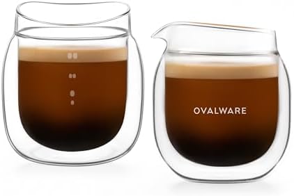 ovalware Espresso Pouring Glass Set of 2 | Double-Wall 2.7oz/80ml Shot Measuring Cup | Heat Protective Comfort | Oval Measurement Dots for Ristretto and Espresso | Drip-Free Precision Spout by Ovalware