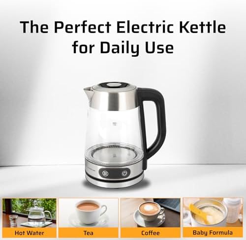Epsilon 1.8L Glass Electric Kettle – Hot Water Tea Kettle with Borosilicate Glass & Stainless Steel, Auto Shut-Off, Fast Boil 1100W Electric Teapot, BPA-Free, Cool Touch Base - Image 5