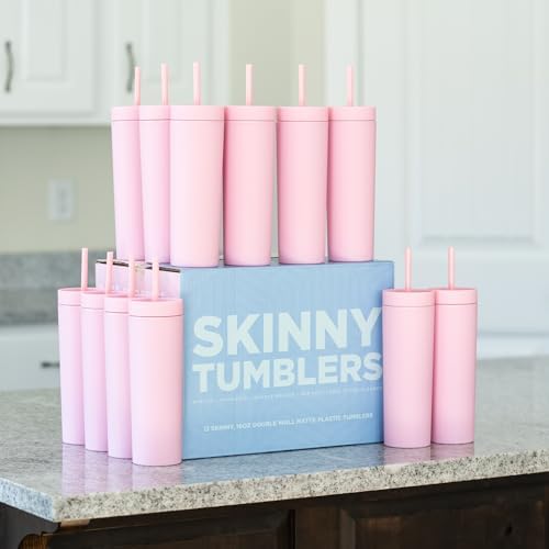 STRATA CUPS Pink Skinny Tumblers with Lids and Straws (12 pack) - 16oz Double Wall Acrylic Tumbler, Tall Matte Skinny Tumblers, Bulk with Free Straw Cleaner, Reusable Cups - Image 6