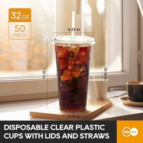 Turbo Bee 50 Sets 32 OZ Clear Plastic Cups with Lids and Straws, Disposable To Go Iced coffee cups with lids for Cold Drinks, Smoothie, and Slushie - Image 2
