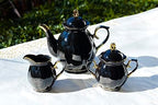Grace Teaware Black Gold 11 Piece Black Gold Scallop Fine Porcelain Tea Set Hand Decorated Teapot Sugar Creamer Cup Saucer - Image 3