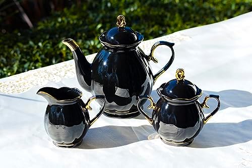 Grace Teaware Black Gold 11 Piece Black Gold Scallop Fine Porcelain Tea Set Hand Decorated Teapot Sugar Creamer Cup Saucer - Image 3