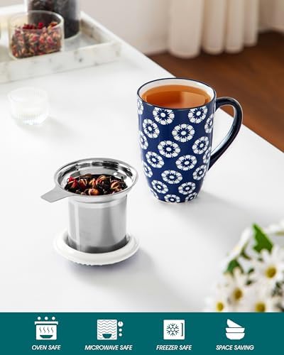 vancasso SELENE Porcelain Tea Mug, 18 oz Porcelain Tea Cup with Infuser and Lid Steeps Loose Leaf Tea, Microwave & Dishwasher Safe, Daisy Cluster - Image 3
