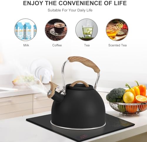 Tea Kettle, Vegoran 100 OZ / 3 Liter Whistling Tea Kettle, Tea Pots for Stove Top Food Grade Stainless Steel with Wood Pattern Folding Handle, Loud Whistle Kettle for Tea, Coffee, Milk (Black) - Image 6