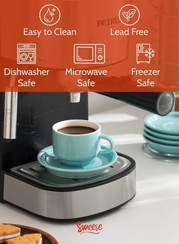 Sweese 2.5 Ounce Porcelain Stackable Espresso Cups with Saucers and Metal Stand Set of 4, Turquoise - Image 3